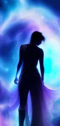 This phone live wallpaper features a stunning work of art depicting a woman standing in front of a dazzling blue and purple galaxy, set against a cosmic backdrop
