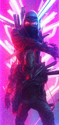This striking phone live wallpaper features an intense cyberpunk scene of a warrior holding a gun in front of glowing neon lights