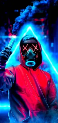 This phone live wallpaper showcases a striking image of a man wearing a gas mask, holding a knife, set against a cyberpunk-inspired background of red and blue neon lights, and cool filters