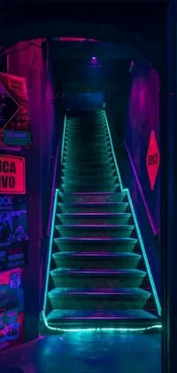 This phone live wallpaper displays a set of stairs with vibrant neon lights in a dark room