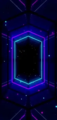 This live phone wallpaper features a dark background with neon lights and hexagons, creating a mesmerizing holographic design