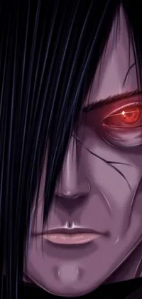 This phone live wallpaper features a close up of a person with red eyes and long black hair