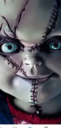 This phone live wallpaper showcases a creepy doll with blue eyes and an unnerving grin