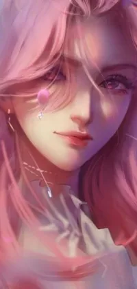 This lively phone live wallpaper features an intricate digital artwork of a person with striking pink hair gazing into the distance
