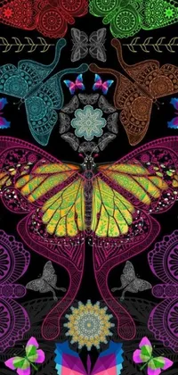 This live wallpaper showcases a group of exotic butterflies set against a sleek black backdrop