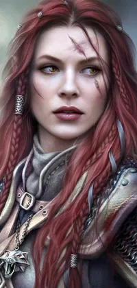 Introducing an awe-inspiring phone live wallpaper featuring a captivating image of a red-haired woman warrior