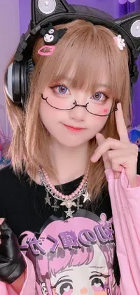 This phone live wallpaper features a trendy close-up shot of a person wearing pink glasses and headphones