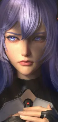 This phone live wallpaper features a striking close up of a character with purple hair and a pointed face
