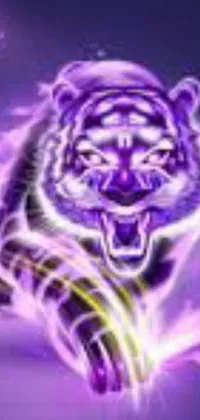 This purple phone live wallpaper showcases a realistic close-up of a tiger against a glowing background