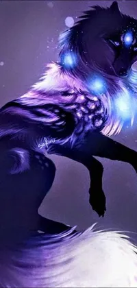 This live wallpaper depicts a furry cat standing on its hind legs, surrounded by mystical purple bioluminescence