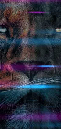 This phone live wallpaper features an intense close-up of a lion's face, with a stunning digital art design in synthwave colors