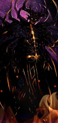This live wallpaper depicts a fearsome demon standing in a mystical, dark universe