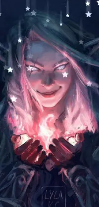 This phone live wallpaper showcases a close-up of a female occultist holding a glowing light in a fantasy art style inspired by World of Warcraft