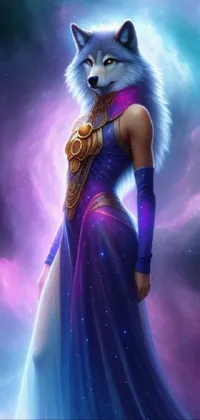 This mobile live wallpaper showcases a stunning portrayal of a woman wearing a purple dress standing heroically next to a powerful wolf