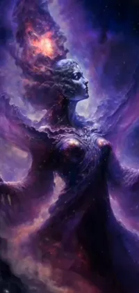 This phone live wallpaper features an otherworldly design of a mystical woman standing in the sky surrounded by a purple aura