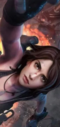 This dynamic phone live wallpaper features a bold image of a woman holding a gun in front of a blazing fire