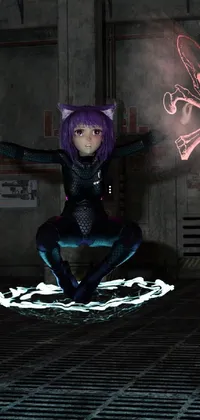 This phone live wallpaper depicts a striking raytraced image of a woman with purple hair in a futuristic arena