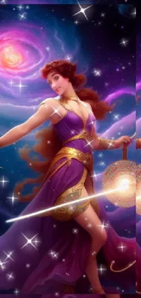 This phone live wallpaper showcases a digital artwork inspired by fantasy art and featuring a regal woman in a purple dress holding a wand