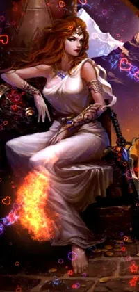 Discover the mystical world with our phone live wallpaper! Our fantasy art portrays a fierce sword-wielding woman sitting on a chair while a beautiful woman in white robes stands among mystical ruins with a dark castle in the background