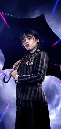 This phone live wallpaper features a captivating gothic art character portrait in a stylish pinstripe suit holding an umbrella on a cloudy day