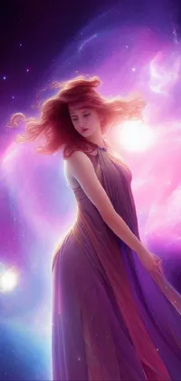This stunning phone live wallpaper depicts a red-haired goddess in front of a star-filled sky