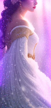 This exquisite phone live wallpaper features an ethereal woman in a flowing white dress, set against a tranquil winter wonderland