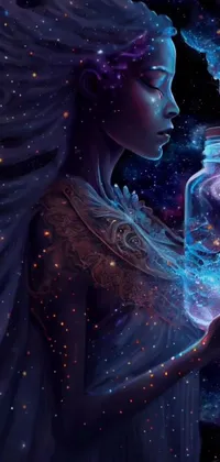 Get mesmerized by a stunning live wallpaper featuring a woman holding a jar full of stars against a galaxy-like background