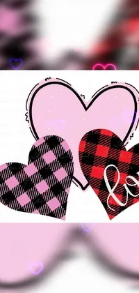 This live phone wallpaper features a vibrant digital rendering of two hearts in a lumberjack flannel pattern alongside pink and black plaid background