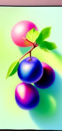 This phone live wallpaper showcases a stunning digital painting of three plums on a green backdrop