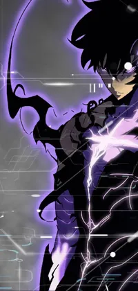 This live phone wallpaper showcases a powerful humanoid figure holding a sword, with striking black and purple lightning in the background