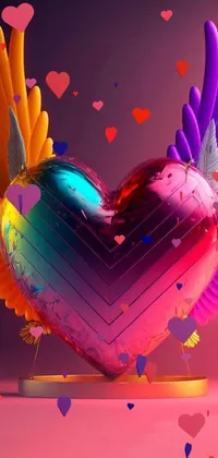 This phone wallpaper shows a heart-shaped balloon with wings and a stand, featuring a unique abstract 3D design complete with trippy feathers