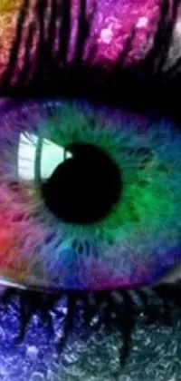 This phone live wallpaper showcases a captivating close-up of an eye with synchromism blended colors and rainbow overlay