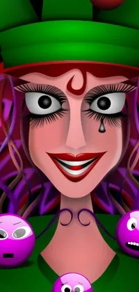 This live wallpaper for Android showcases digital art of a jester woman with purple balls and a unique blend of pop surrealism and tarot card characters