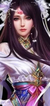 This live wallpaper depicts an exquisitely detailed portrait of a fantasy woman with long dark hair and a crisp white dress
