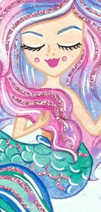 Enter an enchanting world with this stunning phone live wallpaper! This artwork showcases a beautiful mermaid with mesmerizing pink hair, who looks like she's stepped right out of a storybook