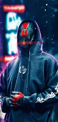 This live wallpaper features a cyberpunk-style image of a hooded figure holding a cellphone
