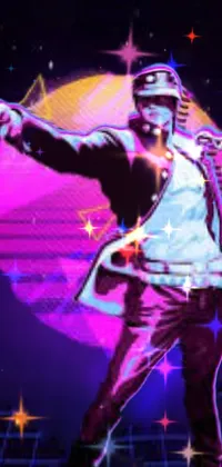 This phone live wallpaper is a cyberpunk art inspired design featuring a man in a sleek suit holding a Nintendo Wii controller and dancing to the beat in a neon-lit cityscape background