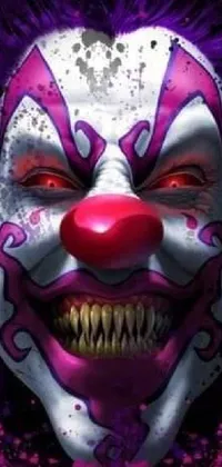 This phone live wallpaper features a close-up of a twisted clown on a purple background, perfect for those who enjoy demonic and horror themed wallpapers