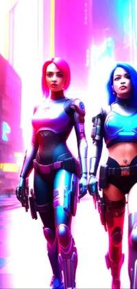 This cyberpunk live wallpaper depicts two armor-clad women framed by neon cybernetic implants in a bustling, dystopian metropolis