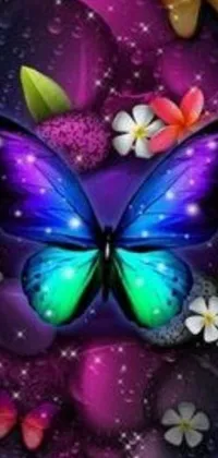 Enhance your phone screen with this mesmerizing and popular live wallpaper featuring a purple and blue fluttering butterfly, adorned with jeweled accents and surrounded by vibrant flowers