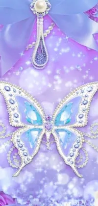 This mesmerizing phone live wallpaper features a close-up shot of a butterfly amidst a backdrop of blooming flowers in magnificent digital art style