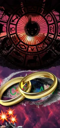 This romantic cosmos phone live wallpaper features two golden rings next to each other, symbolizing eternal love, with a Taurus zodiac sign in the backdrop