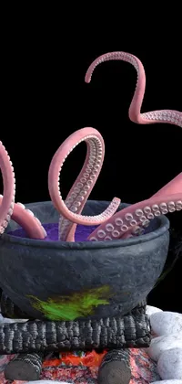 This stunning live wallpaper for your phone features a close up 3D render of an octopus in a pot on a black background
