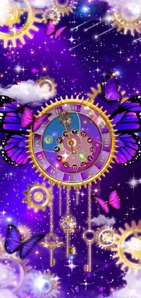 This mobile wallpaper showcases a clock in the sky with a distinctive steampunk butterfly, emitting a magical vibe through a beautiful blend of purple and gold tones