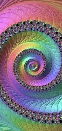 Get lost in a mesmerizing live wallpaper featuring a computer-generated spiral design in brilliant pastel colors with an iridescent mother of pearl finish