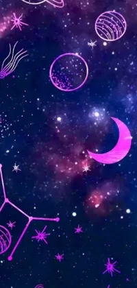 This stunning live phone wallpaper features a digital art image of a beautiful night sky filled with stars and planets