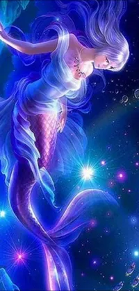 This phone live wallpaper features a breathtaking mermaid floating on top of a serene body of water
