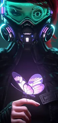 This live wallpaper for phones features a surreal and futuristic scene, showcasing a masked woman holding a delicate butterfly