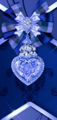 This device wallpaper depicts a stunning digital rendering of a diamond heart ornament attached to a ribbon