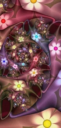This phone live wallpaper showcases a beautiful bunch of swirling multicolored flowers on a soft fabric background